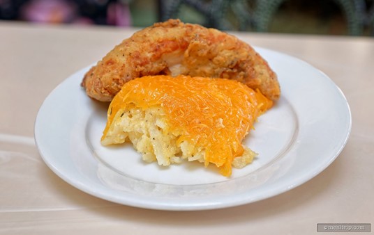 Here's another combo plate – on top is a Crispy Fried Chicken piece and on the bottom is a portion of the Cheesy Potato Casserole.