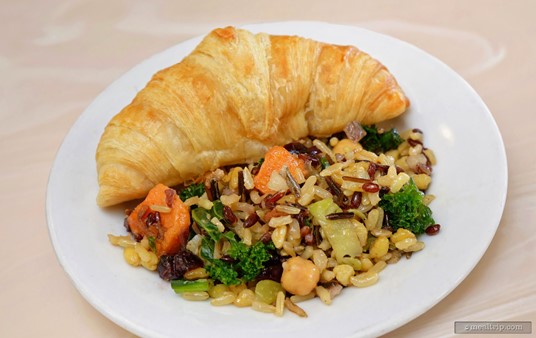 Here's a little combo plate – on the top is a butter croissant and on the bottom is a portion of Autumn Harvest Grain Salad with Apple Vinaigrette. I'm sure in different seasons – the "Autumn" changes to "Spring" for example, and some of the flavors in the gain salad change slightly.
