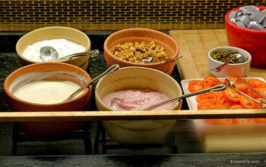 The yogurt and granola on the buffet line at the Crystal Palace is kept in a chilled serving area.