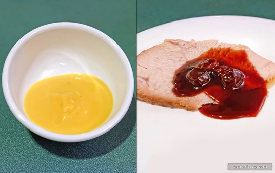 From opposite ends of the buffet line, a yummy bowl of Roasted Butternut Squash Soup (left) and from the carving station, a slice of Honey Bourbon Turkey with Cherry Port Sauce.