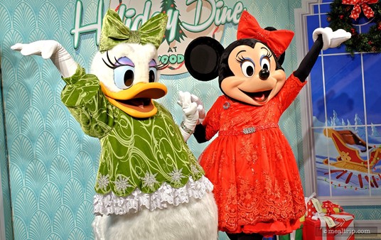 Daisy and Minnie show off their holiday outfits at Hollywood and Vine's Holiday Dine event.