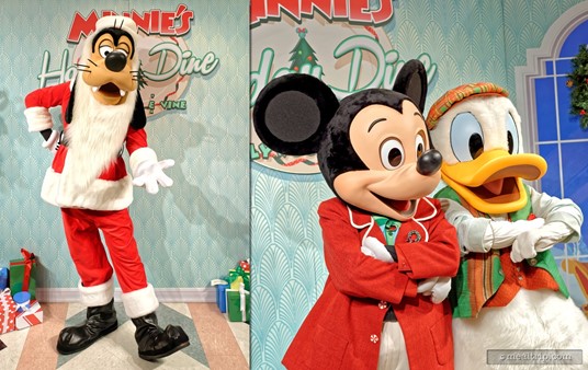 Santa Goofy (as far as we know) doesn't roam the room, and is only available for photos as you enter the dining area before you sit down. Mickey and Donald are striking a pose for the holidays.