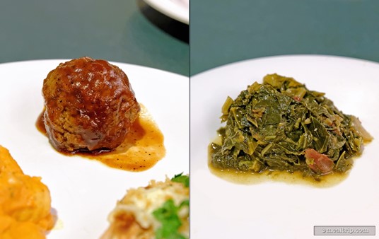 A lonely Barbecued Meatball (left) and a traditional southern dish Collard Greens (right) paired quite nicely with one another.
