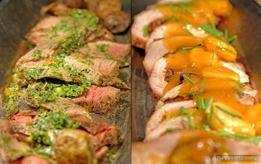 The Marinated Flank Steak (left) may not look like much, but it was actually one of the highlights from the hot-line items section. Also struggling with appearances, the Apricot Roasted Pork (right) is yummy... if you like apricots.