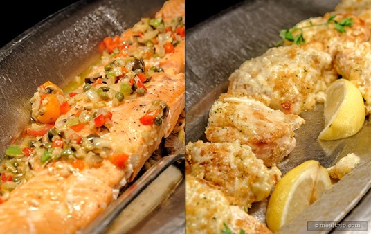 Hot line items include the Verlasso Salmon (shown here to the left, topped with capers, onion, and red pepper) and a guest favorite (which will probably remain year-round) the Asiago Ranch Chicken Breasts (right).