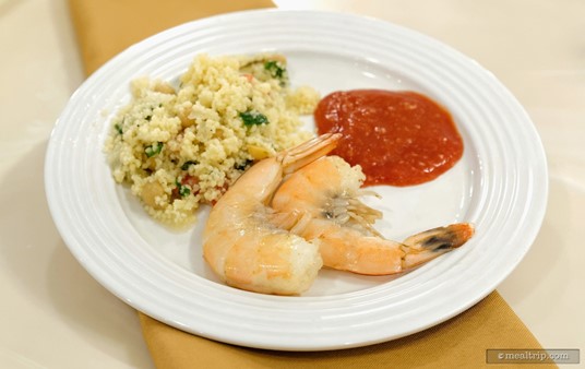 Pictured here are some rather large Peel and Eat Shrimp with a little Cocktail Sauce along with a Moroccan Couscous Salad.