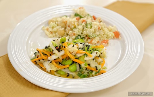 Rather than piling as much as I can on one plate, I like finding things that pair well together. Such was the case with this small plate of Edamame Salad and Moroccan Couscous Salad. The combo paired very well together!