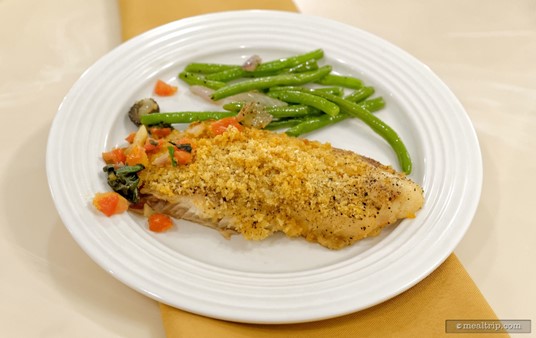 Here's a closer look at the Herb-crusted Tilapia Served with Tomato Olive Relish from the Crystal Palace. Each night, in addition to the carved meats, there are two or three additional "main entrée" style items.