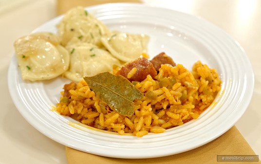 Here's another great pairing from the Crystal Palace buffet. We have Cheese Perogies on the top of the plate and some Jambalaya on the bottom (with a giant bay leaf too)!