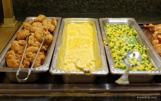 From left to right at the children's table at the Crystal Palace... Chicken Nuggets, Mac and Cheese, and a Corn and Peas Succotash.