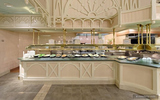 This is the "hot" prepared food table/area at the Crystal Palace. To the left of this area (and just out of the photo) is the "cold" prepared foods, and to the right is a "carving station" where meats are carved to order. This whole setup, is duplicated on the right hand side as well. Both sides have the same food items.