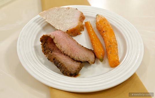 From the carving station at the Crystal Palace, here's some Roasted Turkey and some sliced to order Grilled Flank Steak. (Those orange things are Carrots.)