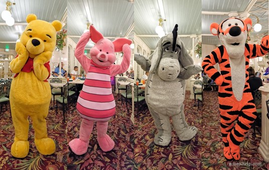 All four walk-around characters at the Crystal Palace Restaurant! From left to right, it's Winnie-the-Pooh, Piglet, Eeyore, and Tigger.
