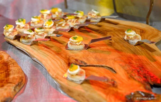Three of the items from the 1937-1955 "The Golden Age - Late Night Snack Station" were plated on tiny spatulas. Pictured here is the Charred Spam and Quail Egg Biscuit with Honey Aioli. Yes... actual tiny quail eggs... who else is going to do this for an event with 300+ guests? Good stuff.