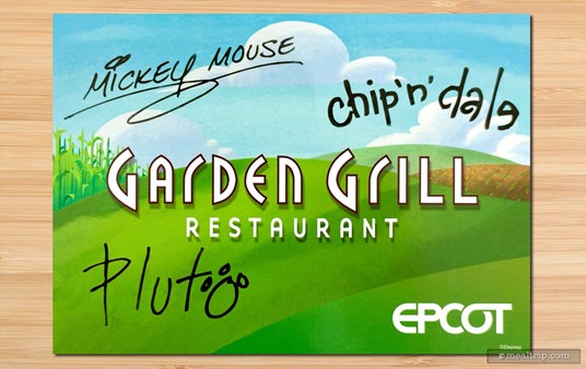 This is the back of the autograph card from the Garden Grill. It features signatures from all the characters that were roaming around during your visit. Each table gets one of these (which might be a problem if you have multiple children that like calling dibs on things).