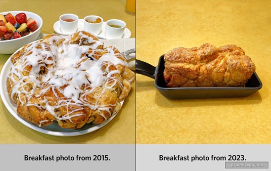 A comparison :: In 2015 (left), the "bread service" item at breakfast was a "Sticky Bun Bake". In 2023 (right), the bread service item is a Cinnamon Loaf.