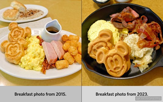 A comparison :: In 2015 (left), the main warm breakfast platter course contained 7 items. In 2023 (right), the main warm breakfast skillet course contains 5 items.