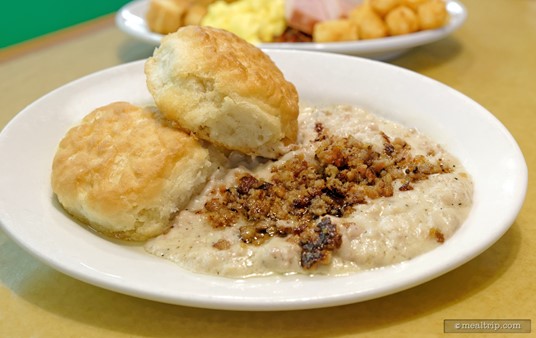 The Buttermilk Biscuits and Country Sausage Gravy are served on their own plate. Otherwise, the gravy would run under everything else. (Photo from 2015.)