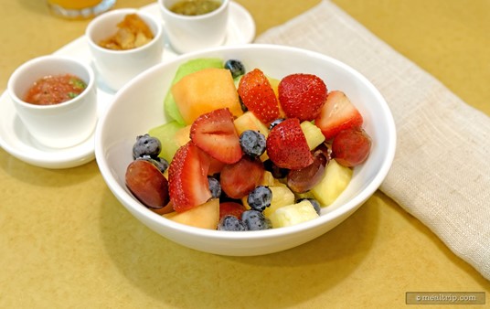 A great looking bowl of cut seasonal fresh fruit is served with the giant cinnamon bun to start off your breakfast at Garden Grill. (Photo from 2015.)