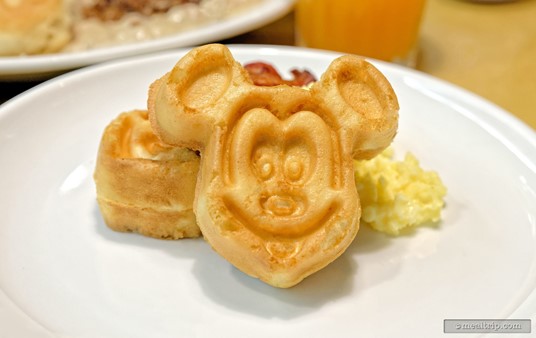 The Mickey-Shaped Waffles at Garden Grill are served with a small decanter of warm chocolate-hazelnut sauce. (Photo from 2015.)