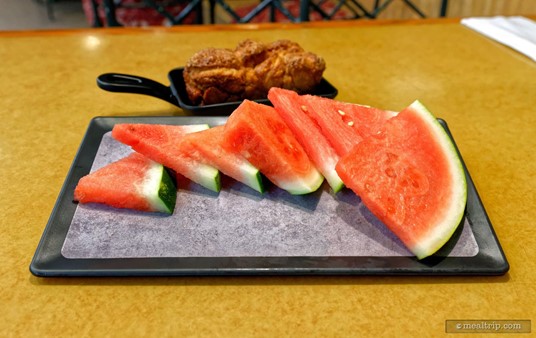 The "first course" at the Garden Grill Breakfast are these two items, a Cinnamon Breakfast Loaf (back) and some Seasonal Fruit (front). On my visit, I'm guessing watermelon was in season.