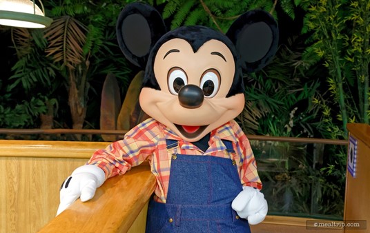Mickey is dressed in his farmer outfit at Epcot's Garden Grill Restaurant. There's plenty of time for photos as the characters make their way from table to table.
