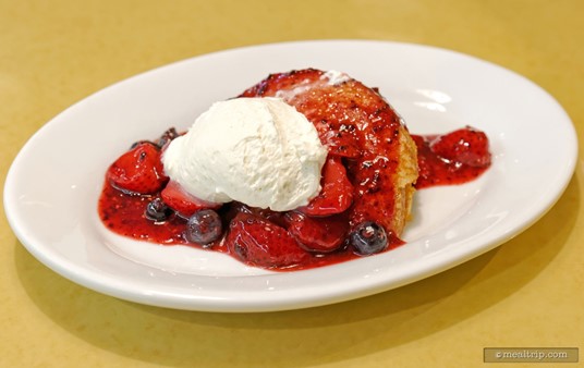 Dessert at the Garden Grill is a Short Cake that has been topped with a seasonal Fruit Compote and Vanilla Bean Whipped Cream.