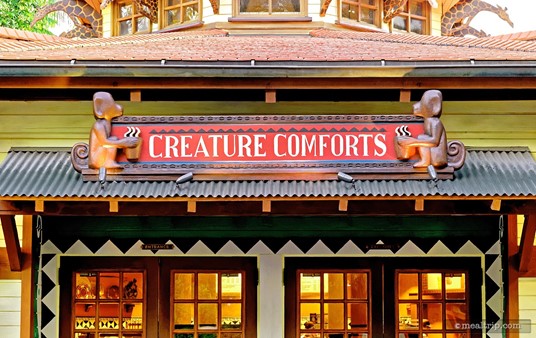 Monkeys with coffee cups! Ha!!! The Creature Comforts sign above Animal Kingdom's Starbucks location.