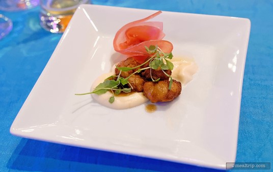 Chef Alex Seidel from the "Fruition Restaurant and Fruition Farms" in Denver Colorado presented this Veal Sweetbread Saltimbocca with Cauliflower Veloute at a 2014 Party for the Senses.