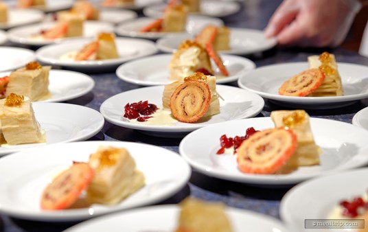 Chefs Cheryl Smith & Dan Parsons from "Landscape of Flavors" at Disney's Art of Animation Resort created an Apple Tart with No Sugar Added Creme Anglaise, CranRaspberry Pinwheel and Caramel Pearls. The thin layers in the Apple Tart were simply stunning!
