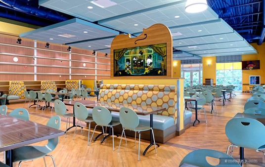 The main seating area at the Intermission Food Court at Disney's All-Star Music Resort.