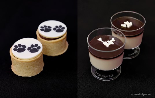 Chocolate Tart with Paw Print Coin and the White Panna Cotta with Black Chocolate Sauce and Mini White Dog Bones from the Cruella De Vil dessert station.