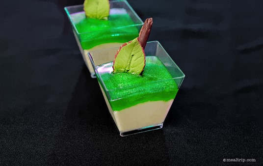 Green Apple Mousse with Green Glitter Glaze, Leaf and Chocolate Stem from The Evil Queen dessert station.