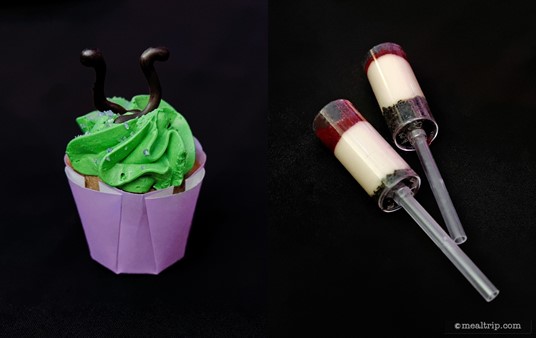 From the Maleficent dessert station, a Purple Angel Food Cupcake with Chocolate Evil Horns and two Red Wine Cheesecake Pushups with Dark Cherry Gel.