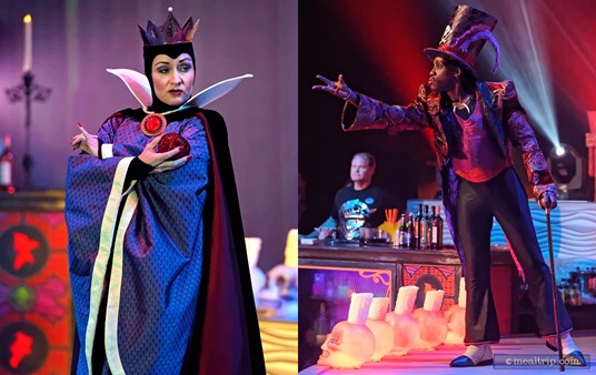 The Evil Queen walks out with a jewel studded apple, as Dr. Facilier introduces each Villain.