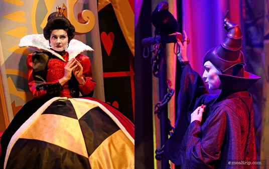 The Queen of Hearts and Maleficent are on opposite sides of the main room.