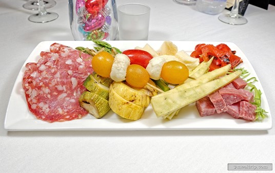 The Antipasto plate is brought out to only the VIP seating guests and featured two meats, three cheeses, and several vegetables, including a couple stalks of grilled asparagus.