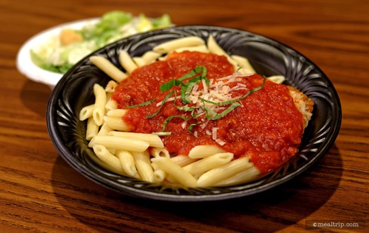 The 
                Chicken Parmesan Pasta                
            
                            
                    
        
            at Pinocchio's is served on Penne Pasta and comes with a side Caesar Salad