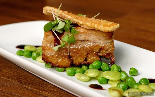 Chef Dundon prepared a Lemon-cured Pork Belly with Balsamic Gel, Garden Peas and Broads Beans for the 2015 Culinary Demos at Epcot's International Food and Wine Festival.