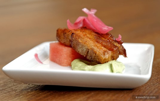 Chef Kevin Fonzo prepared this BBQ Pork Belly with Watermelon, Avocado Creme and Pickled Red Onion.