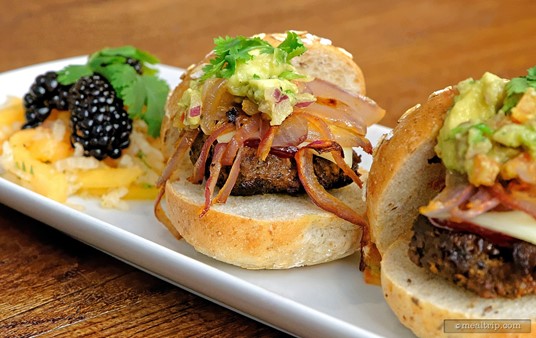 Pam Smith's Santa Fe Burgers with Charred Onions, Avocado Pico de Gallo, Blackberry Chipotle Ketchup and Melon Jicama Slaw.