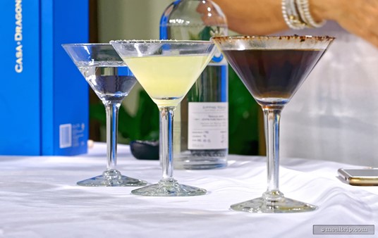 The three "hero" drinks made on-stage at a 2015 Casa Dragones Mixology Seminar looked exactly like the ones that the audience got to sample (only these were a bit larger). Pictured here (from left to right), the Casa Dragones Tequila, a San Angel Inn Margarita, and a Tamarind Margarita.