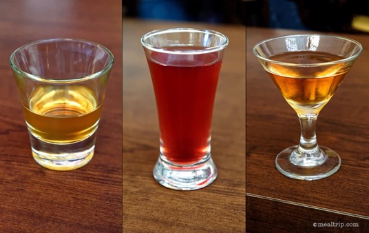 These are the sample-sized cocktails that each guest received at a 2015 Jack Daniels Mixology Seminar. Pictured from left to right... "Old is New Again (Olde-Fashioned), Jack's Horse and Carriage (Whiskey Mule), and the Gentleman's Manhattan.