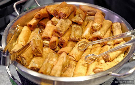 Finger Food Stations were set up as "serve yourself" tables. Pictured here are some Cheeseburger Spring Rolls. Curry Dipping Sauce was available in a smaller serving dish to the side so you could add as much (or as little) as you wanted.