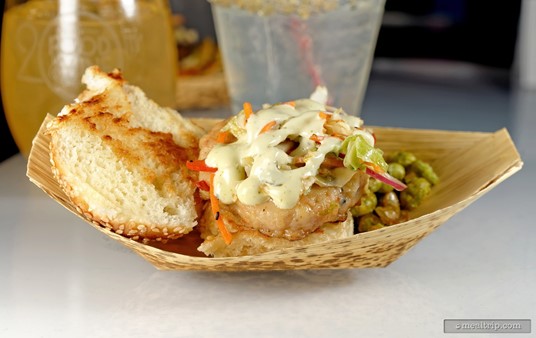 Chef Melissa's Thai Shellfish Burger combines a Shrimp and Scallop Burger patty topped with Spicy Thai Slaw and Cilantro Lime Mayo on a Sesame Bun. It was served with a side of Smoked Sea Salted Fried Edamame.
