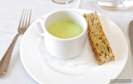 A Cold Pea Soup with Bacon Mushroom Toast was the first of three mini-courses at the Parisian Lunch.