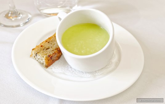 Another look at the first course at The Parisian Afternoon Lunch. A Cold Pea Soup with Bacon Mushroom Toast.
