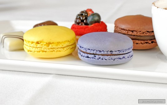The French Macarons at The Parisian Afternoon lunch featured Valrhona Chocolate. The purple one in the front is a Macaron with Blackberry and Illanka Chocolate (63% cocoa).