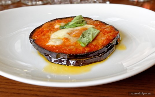 The first course at 2015's Beer vs Wine Pairing was this Parmigiana de Melanzane - Eggplant, tomato, mozzarella, and basil.