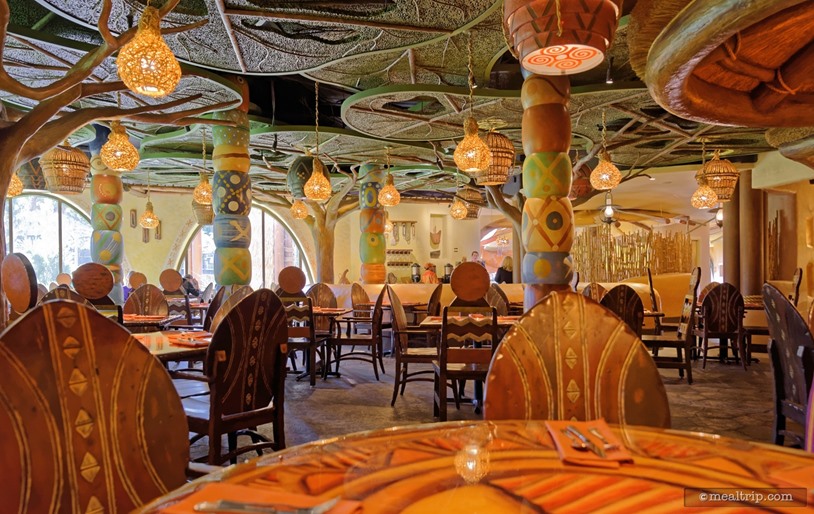 The "one-side" window design seems to work better in late afternoon and evening, than it does in the morning. The low-canopy, cave-like effect is sort of lost when you can see everything., Sanaa - Breakfast, Disney's Animal Kingdom Villas - Kidani Village